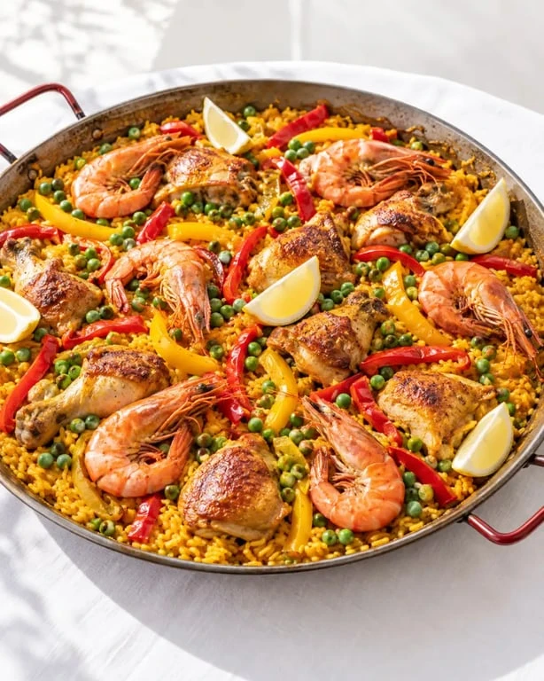 Paëlla estivale parmi des plats conviviaux et estivaux à partager