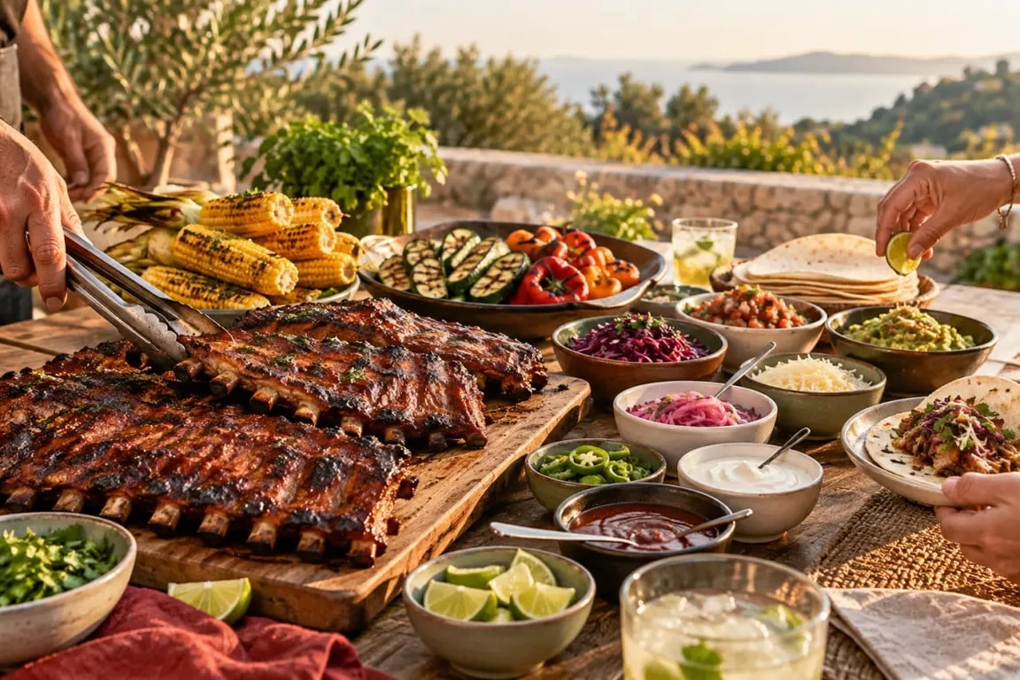 Barbecue avec plats conviviaux et estivaux à partager entre amis