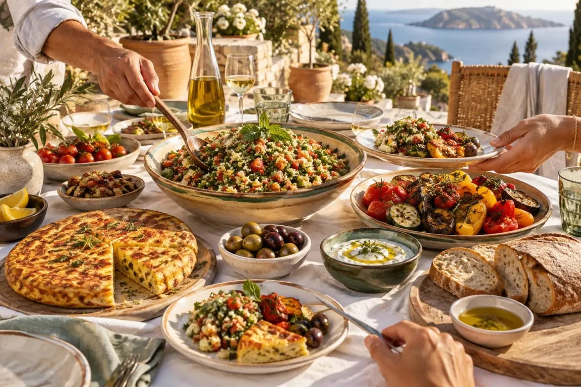 Plats conviviaux et estivaux à partager sur une grande table en terrasse