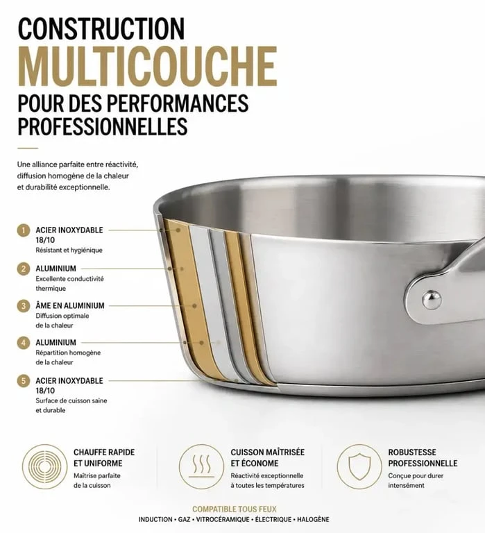 Sauteuse multicouche en inox pour cuisine professionnelle