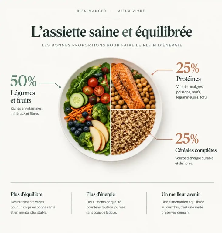 Infographie des proportions d'une assiette équilibrée pour cuisiner sainement au quotidien