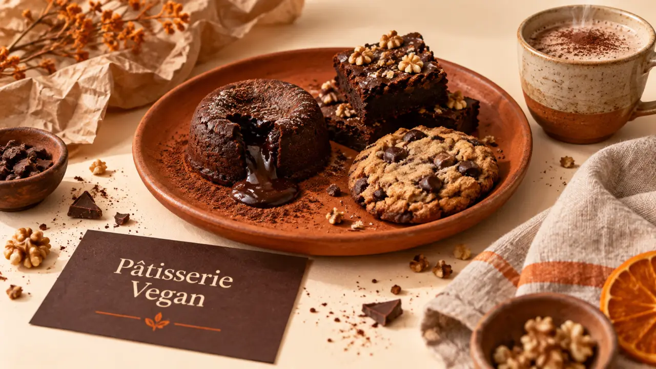 Patisserie vegan lyon : desserts chocolat et noix en vitrine
