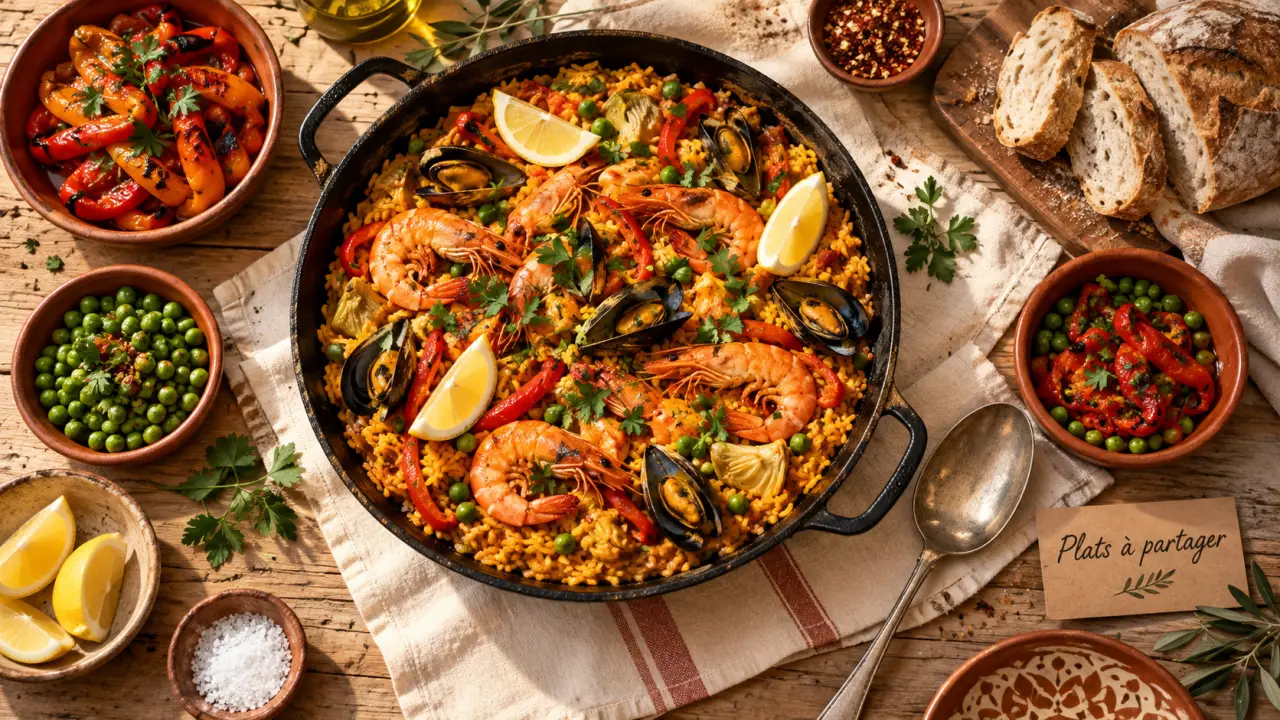 Plats conviviaux et estivaux a partager : paëlla en grande poêle