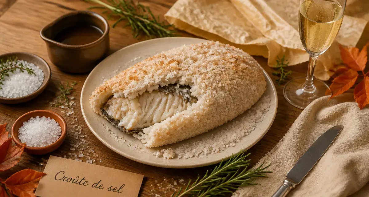 Recette gastronomique poisson : bar en croûte de sel et réduction au champagne