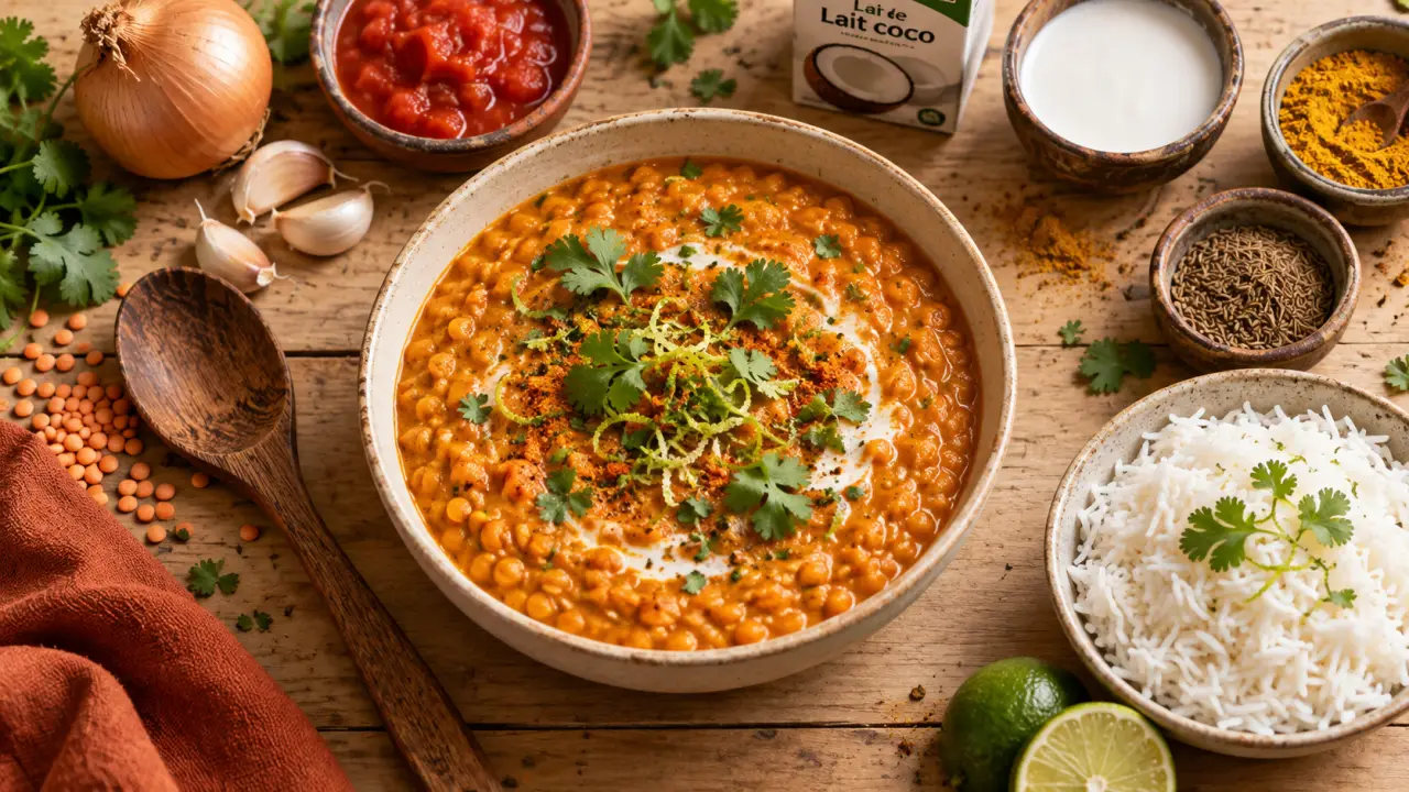 Recettes faciles et originales : dahl de lentilles corail au lait de coco, zeste citron vert et coriandre
