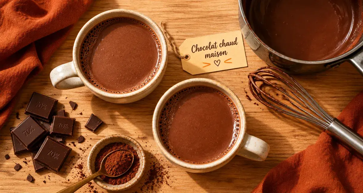 Chocolat chaud maison lisse, sans grumeaux, tasses et chocolat noir