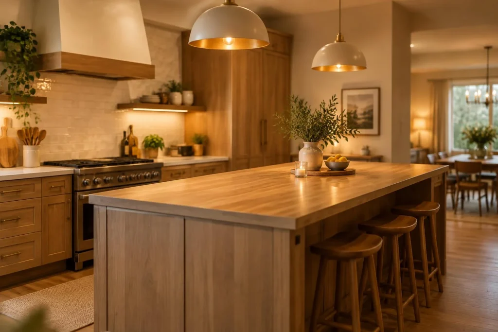 Cuisine chaleureuse pour recevoir : lumière à 2700-3000 K, bois naturel et circulation fluide
