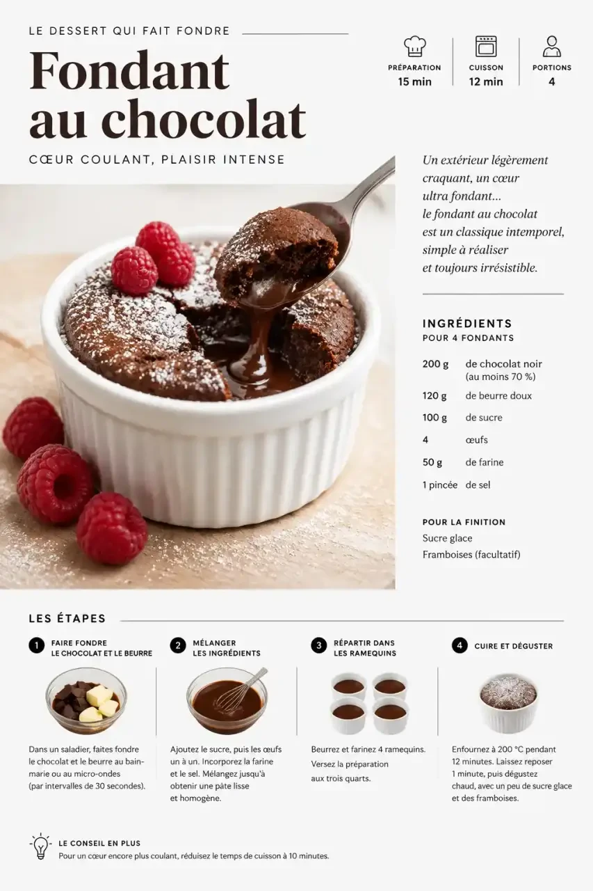 Fondant au chocolat maison avec cœur coulant dans un ramequin, surface craquelée et framboises