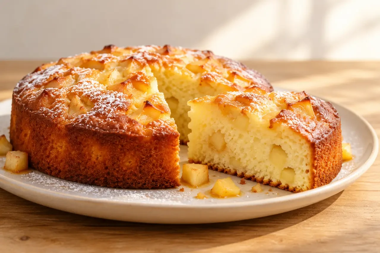 Gâteaux maison : gâteau au yaourt moelleux avec pommes et sucre glace