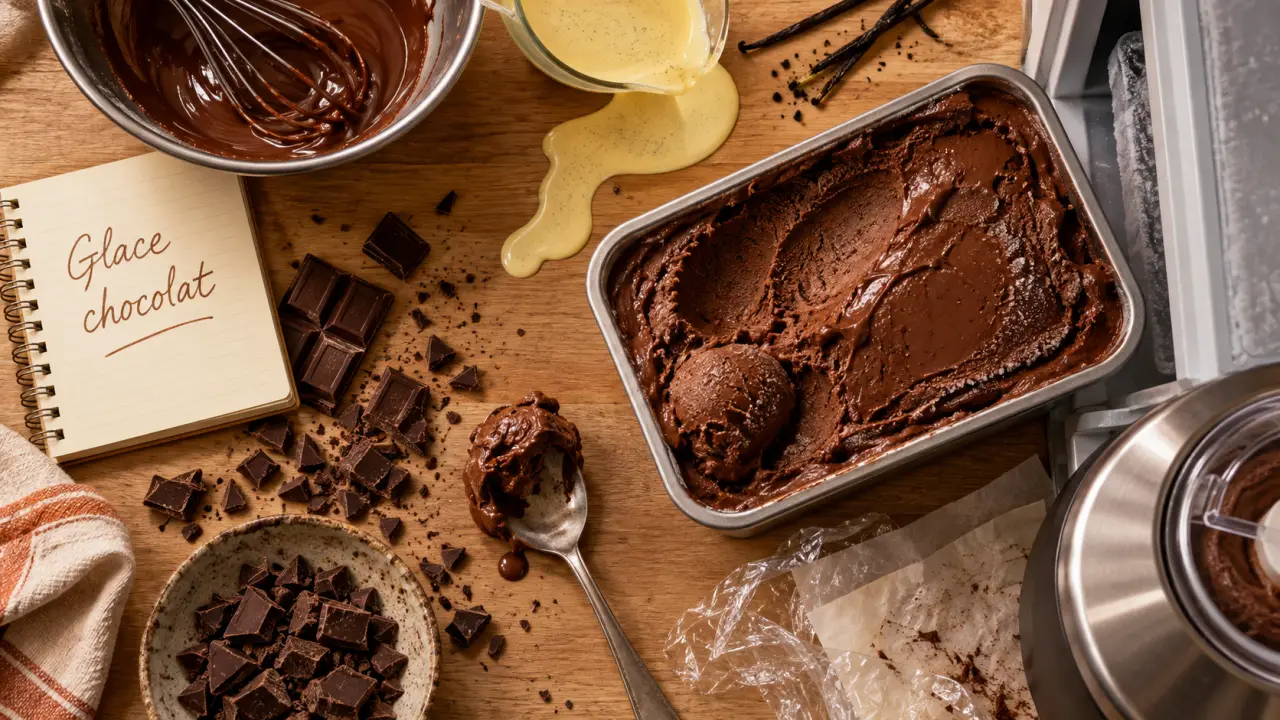 Glace au chocolat maison crémeuse après turbinage, cuillère nappée et chocolat noir