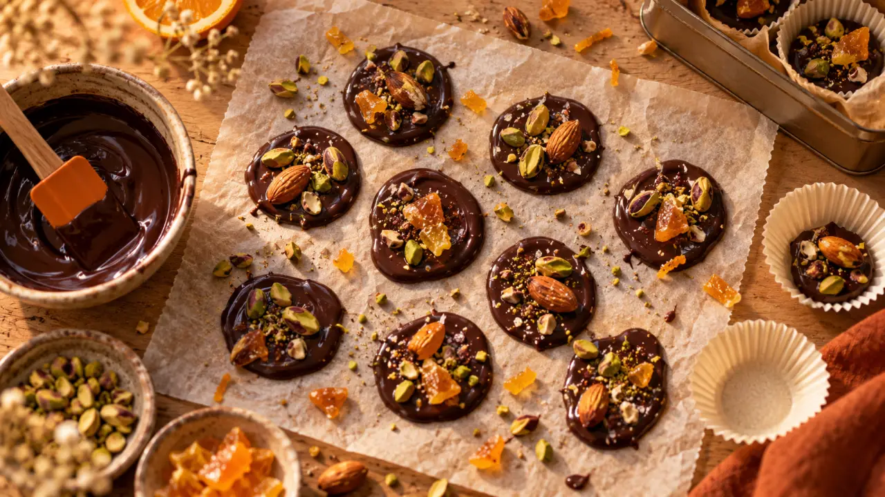 Recette de chocolat de noël fait maison facile : mendiants au chocolat noir sans moule