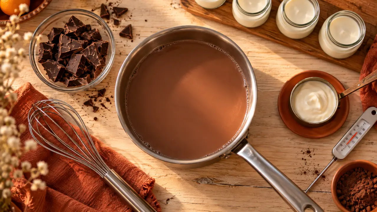 Yaourt maison chocolat : ferment à 35–40°C, lait chocolaté et pots de yaourt